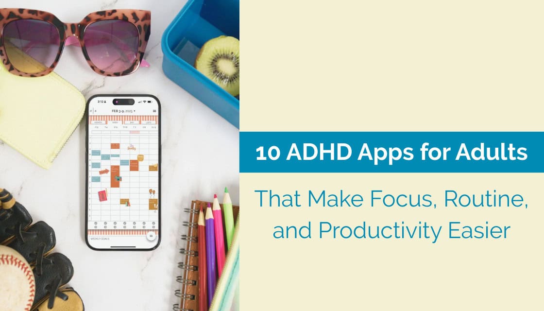 Artful Agenda digital planner displayed on a smartphone surrounded by sunglasses, a lunch box, a baseball glove, a spiral notebook, and colored pencils.