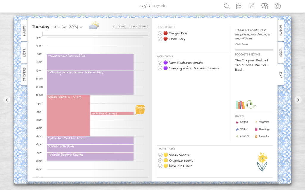 Artful Agenda is an aesthetic app, stylish, digital calendar that allows you to color code your calendar, input custom stickers, covers, fonts, and more.