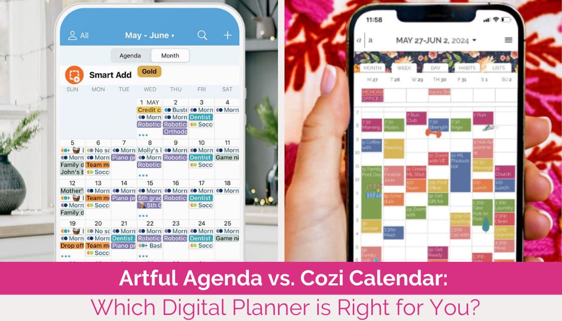 Mobile phone screens displaying Artful Agenda and Cozi Calendar side by side
