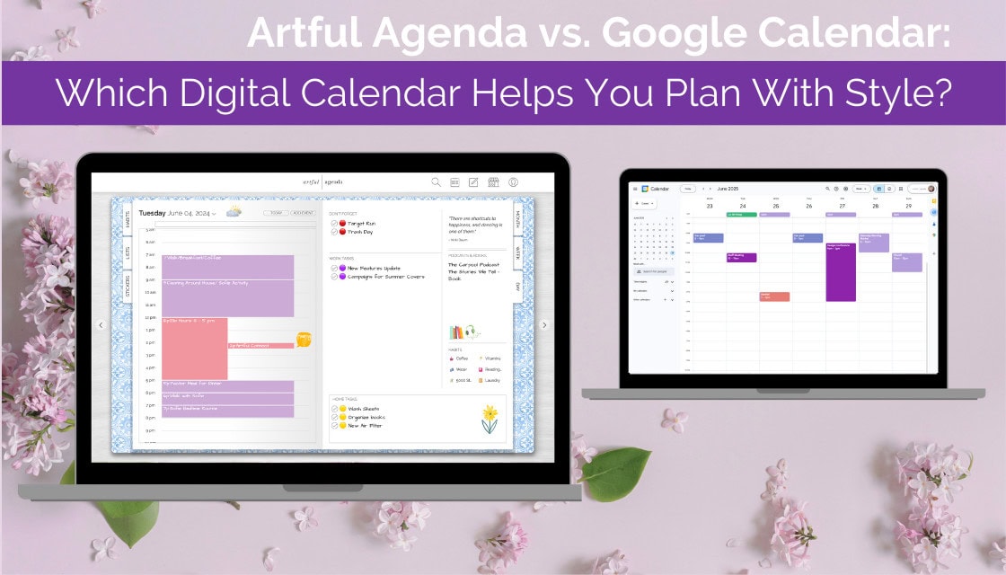 Side-by-side comparison of Artful Agenda and Google Calendar interfaces on laptop screens