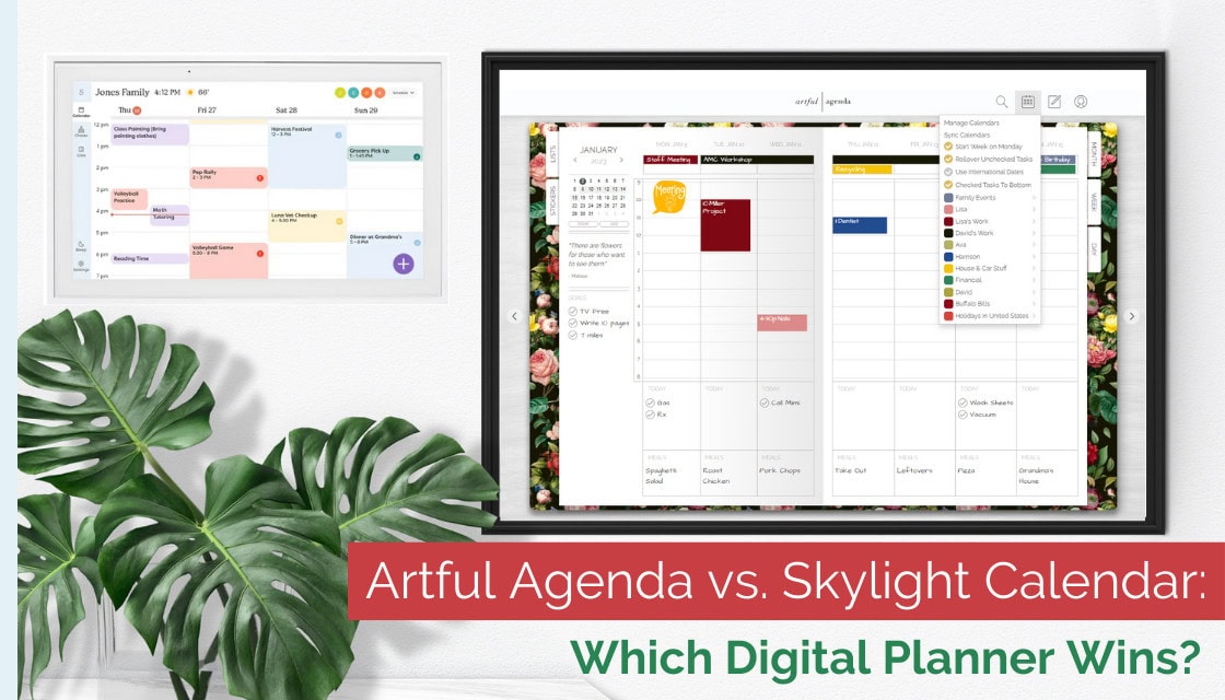 Artful Agenda and Skylight Calendar displayed on tablet and wall-mounted screen for side-by-side comparison