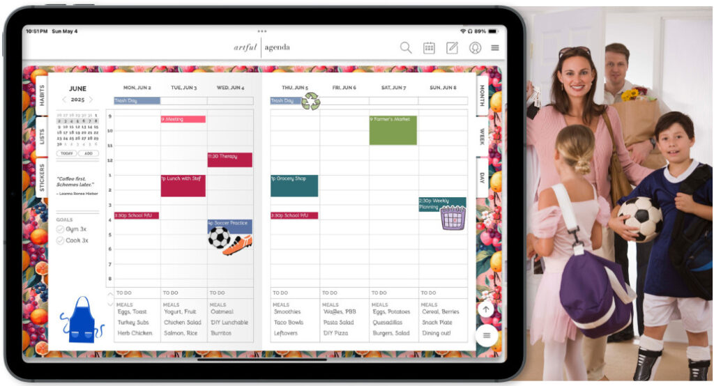 Artful Agenda is a color coded calendar app that helps keep your family organized. From your grocery list and daily goals to keeping track of school activities and extracurriculars, it's the best planner for busy moms.