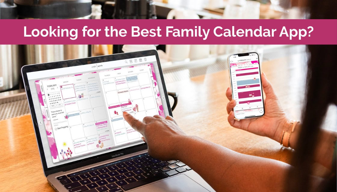 Two people using Artful Agenda on a smartphone and laptop to coordinate their schedules.