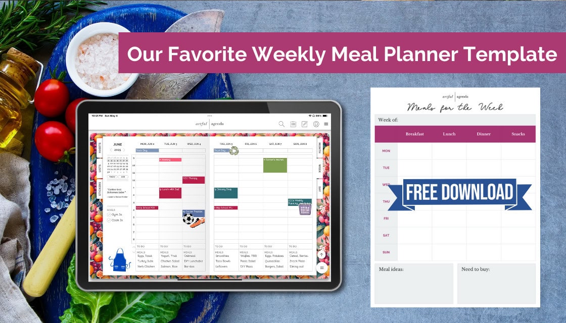 Top-down view of fresh food ingredients on a table with a tablet displaying Artful Agenda’s weekly planner and a free printable weekly meal planning template.