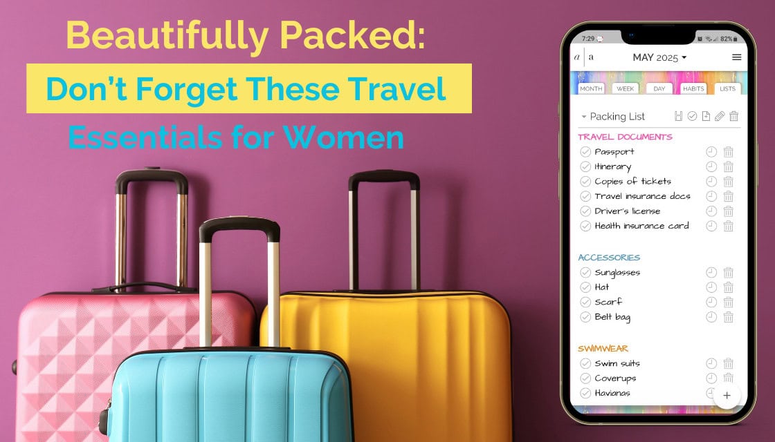 Three colorful suitcases with extended handles and a smartphone displaying an Artful Agenda packing checklist.