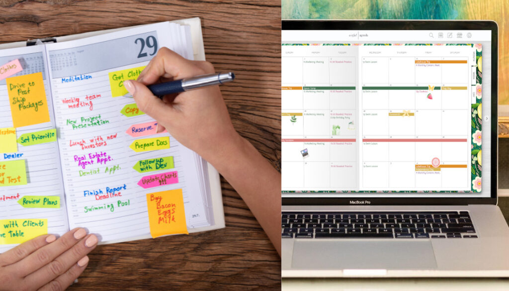 Side-by-side image of a cluttered paper planner filled with handwritten notes and sticky notes next to a laptop ADHD planner displaying the clean, color-coded interface of Artful Agenda.