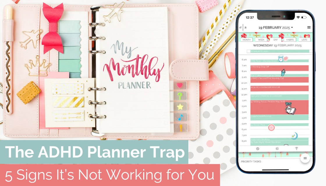 A colorful paper planner with washi tape, pens, stickers, and sticky notes beside a smartphone displaying the Artful Agenda digital planner with color-coded events and digital stickers.