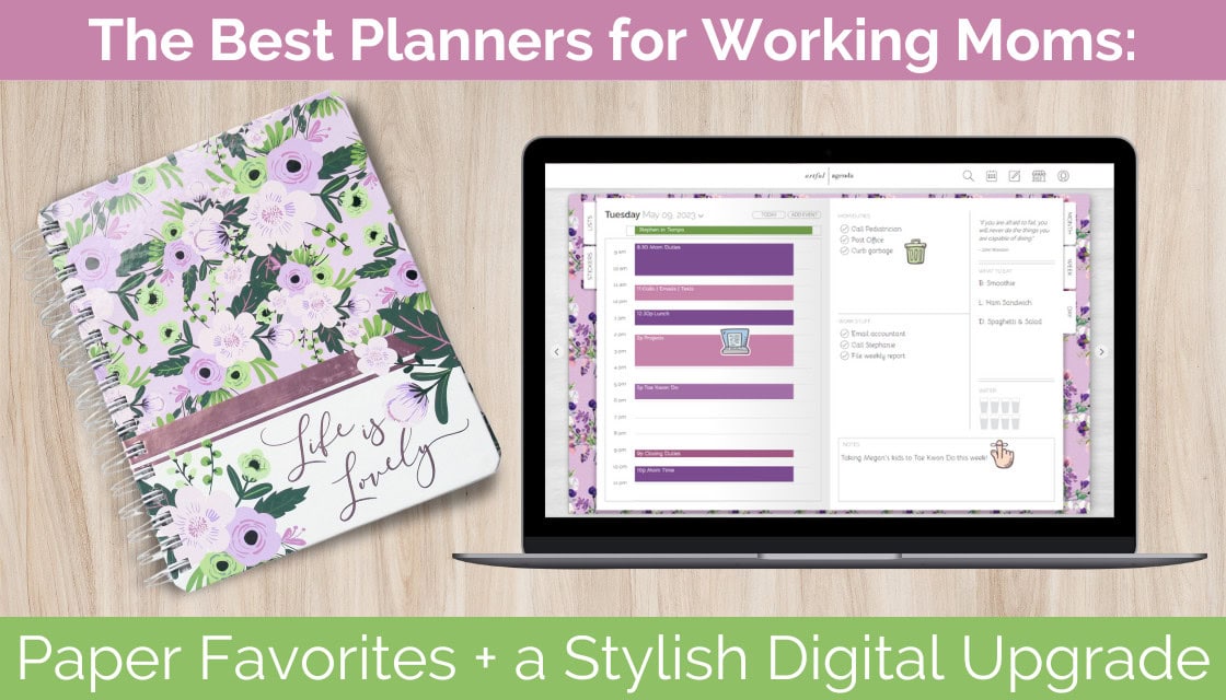 A stylish paper planner lies next to a laptop displaying the colorful daily view of Artful Agenda.