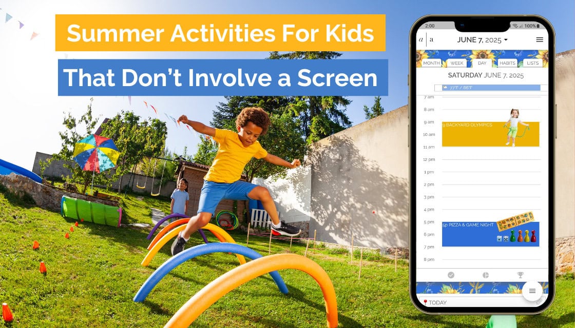 Kids running through a homemade backyard obstacle course with a smartphone in the foreground displaying Artful Agenda and scheduled events for 'Backyard Olympics' and 'Pizza & Game Night.'