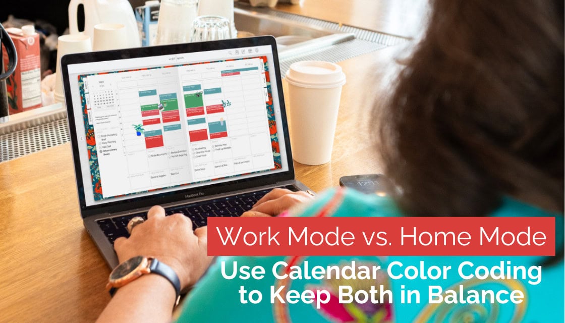 Woman using laptop at a coffee shop with Artful Agenda open to a color-coded weekly view showing a balanced work and home schedule.