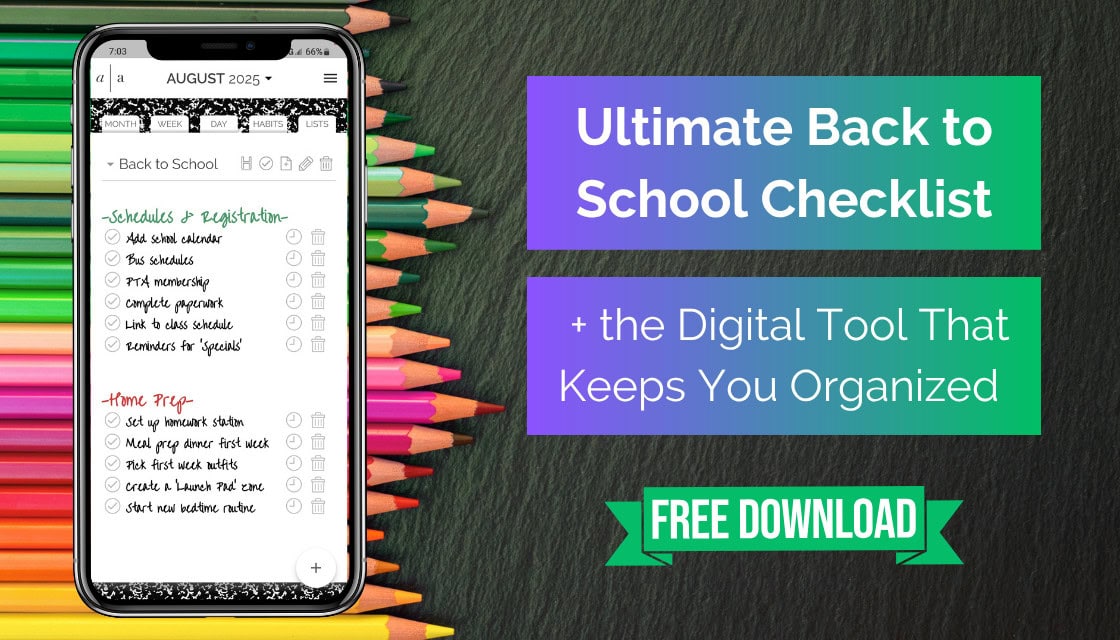 Smartphone displaying a digital back-to-school checklist in Artful Agenda, surrounded by colorful pencils and a “Free Download” banner.