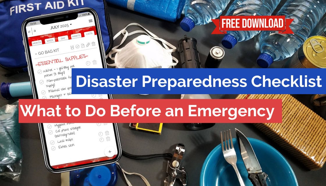 Smartphone showing a digital disaster preparedness checklist with emergency supplies like water, flashlight, first aid kit, and face mask.