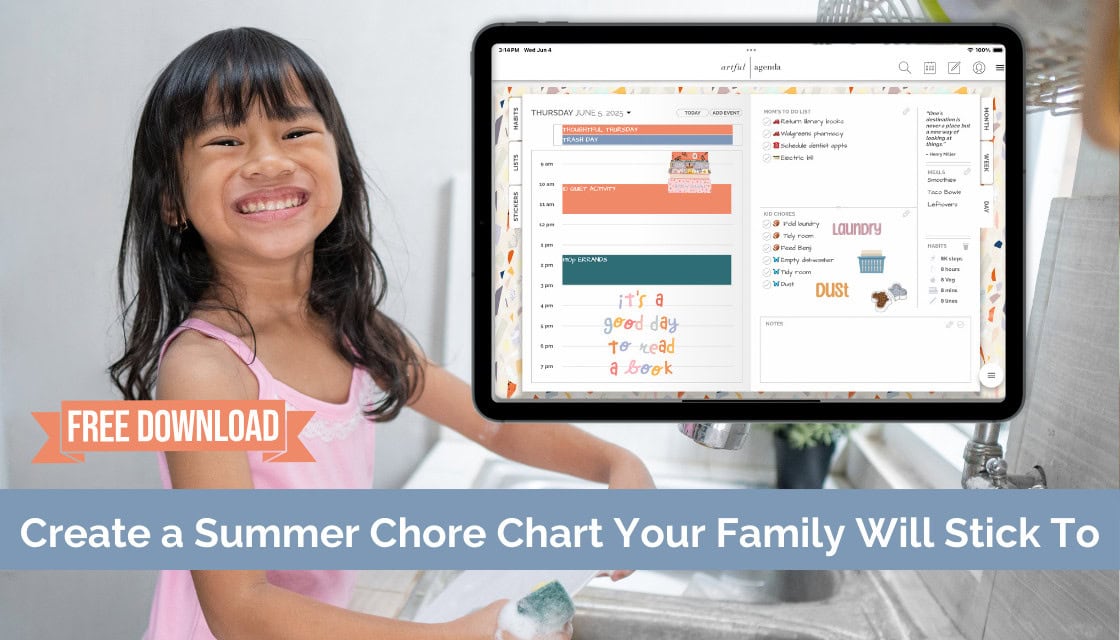 Smiling child washing dishes beside a tablet displaying a digital summer chore chart in Artful Agenda.